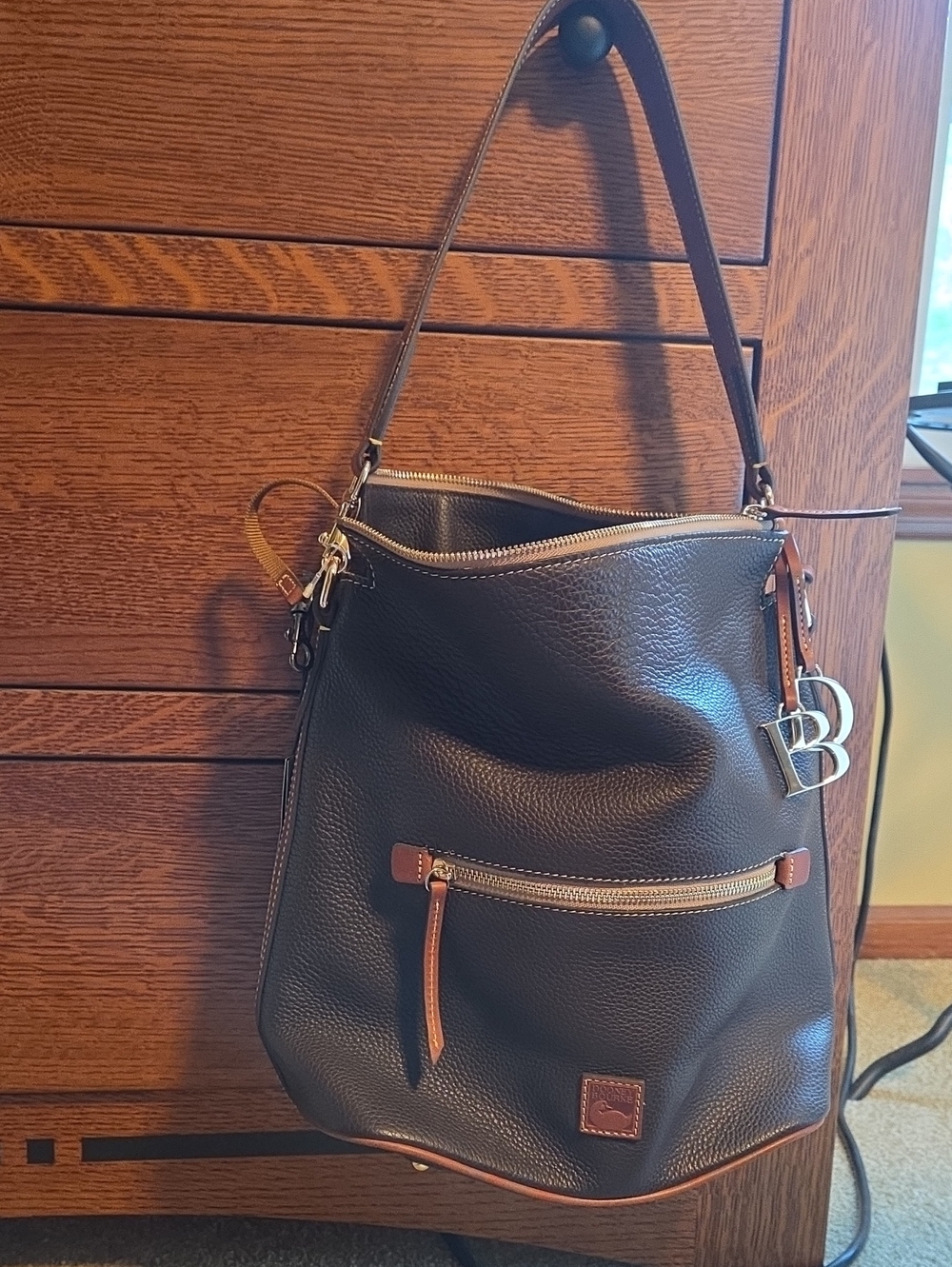 Dooney & Bourke Brown Pebble Leather Shoulder Bag with Tan Trim